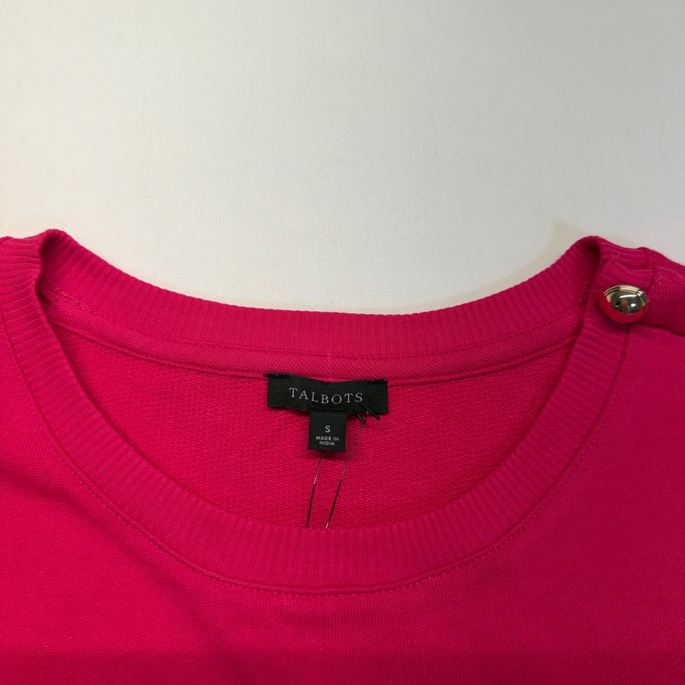 Talbots Pink Puff Sleeve Sweatshirt Top Gold Button Shoulder Cotton Small NWT - Picture 4 of 10
